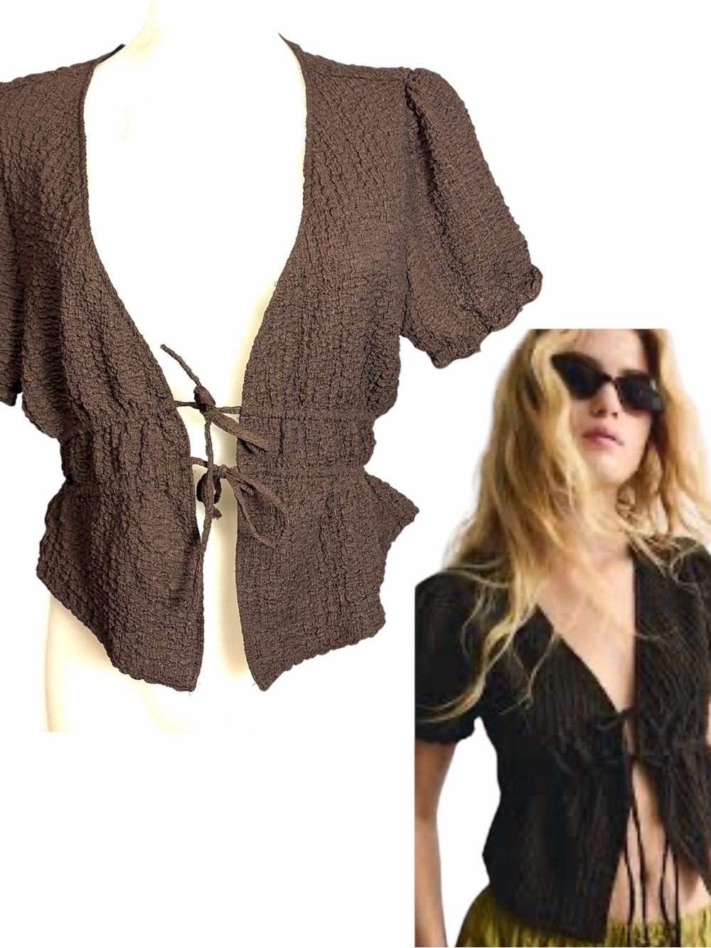 NEW Divided by H&M Brown Tie Front Crinkle Cropped Top Forest Fairy Size M